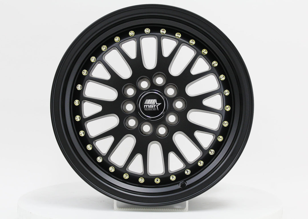 MT10 - Matte Black w/Gold Rivets - 15x7.0 5x100/5x114.3 Offset +20