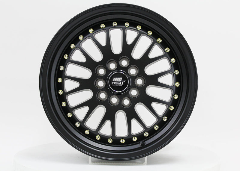 MT10 - Matte Black w/Gold Rivets - 15x7.0 5x100/5x114.3 Offset +20