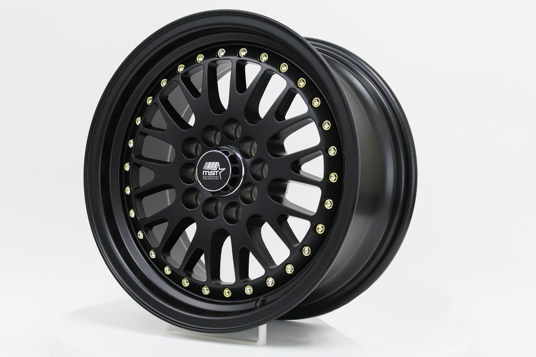 MT10 - Matte Black w/Gold Rivets - 15x7.0 5x100/5x114.3 Offset +20