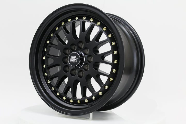 MT10 - Matte Black w/Gold Rivets - 15x7.0 5x100/5x114.3 Offset +20