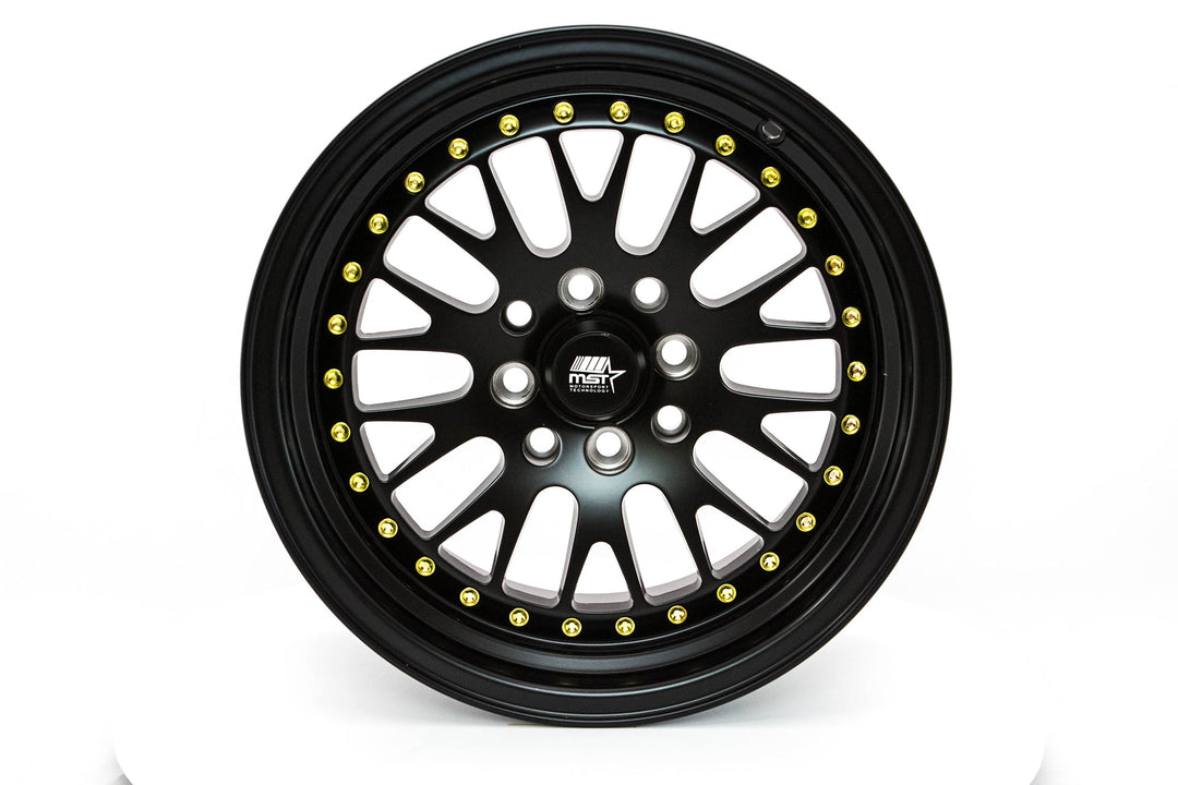 MT10 - Matte Black w/Gold Rivets - 15x8.0 4x100/4x114.3 Offset +25