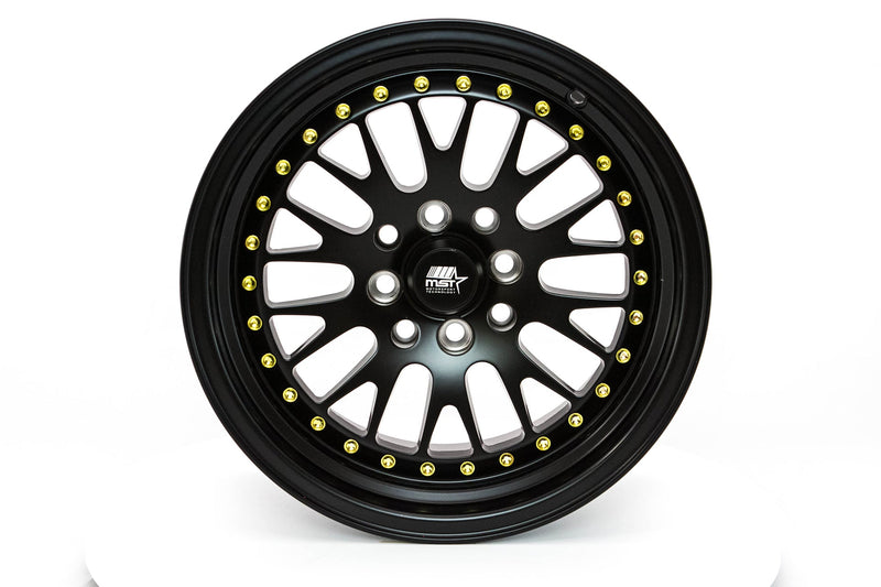 MT10 - Matte Black w/Gold Rivets - 15x8.0 4x100/4x114.3 Offset +25