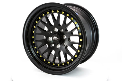 MT10 - Matte Black w/Gold Rivets - 15x8.0 4x100/4x114.3 Offset +25