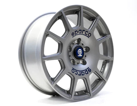 Sparco Terra 18x8 +45 5x112 73.1 Matte Silver Tech w/ Blue Lettering